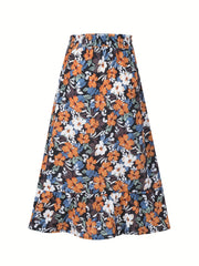 Boho Floral Print High Waist Tiered Skirts Pleated Vacation Layered Maxi