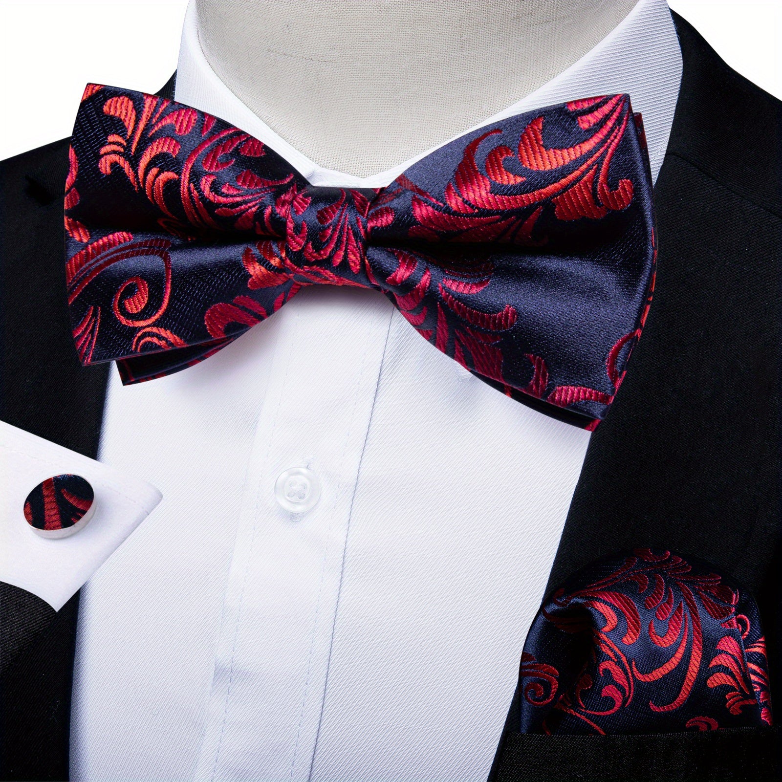 Men Silk Paisley Cravat Cufflinks Hanky Set Wedding Butterfly Tie
