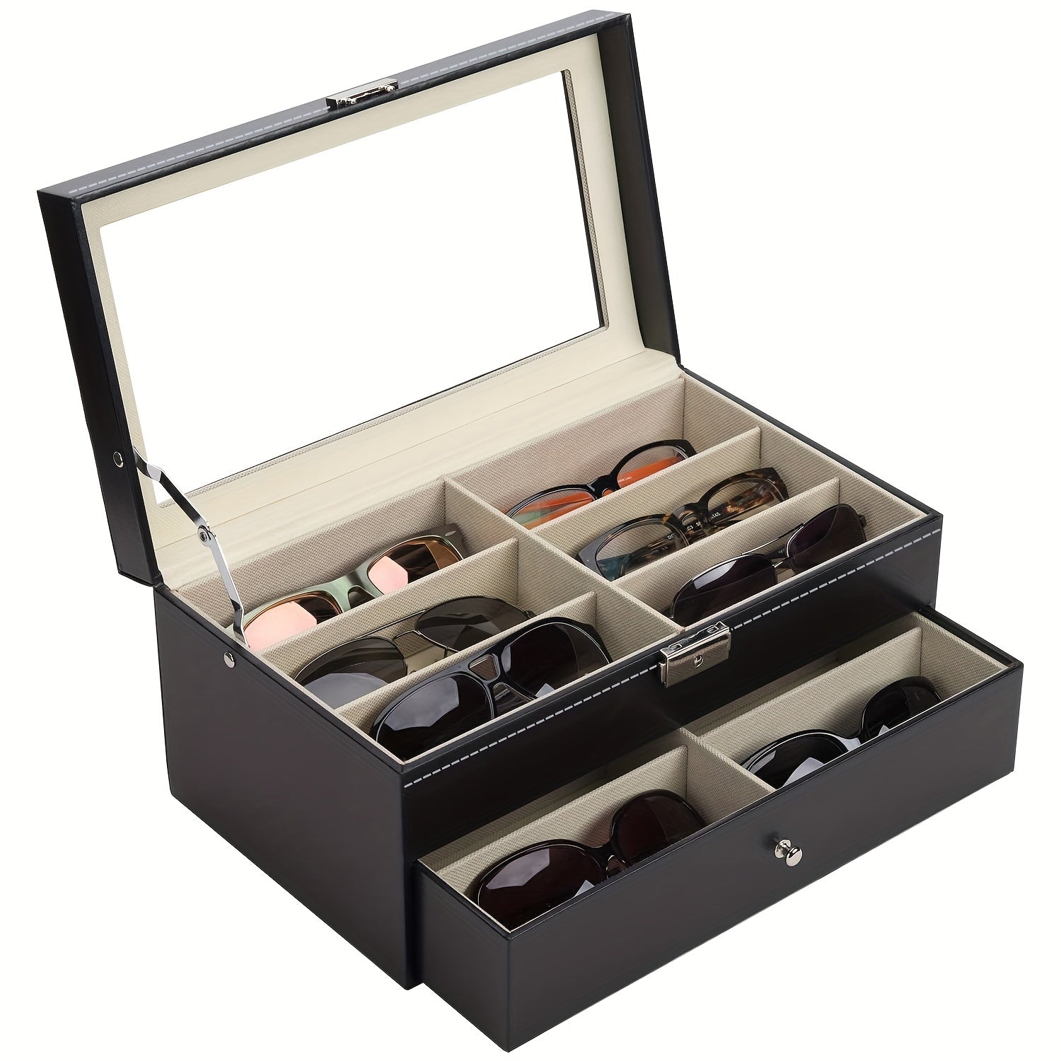 12 Slots Sunglasses Organizer Eyewear Display Case with Glass Lid