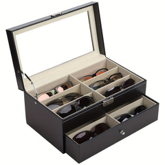 12 Slots Sunglasses Organizer Eyewear Display Case with Glass Lid