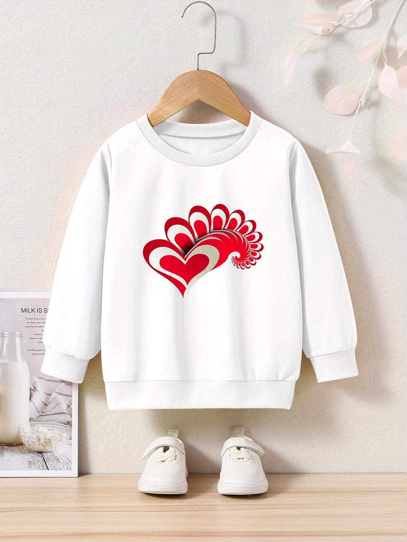 Love Heart Print Sweatshirt Girls Casual Graphic Crew Neck Pullover Sweatshirt
