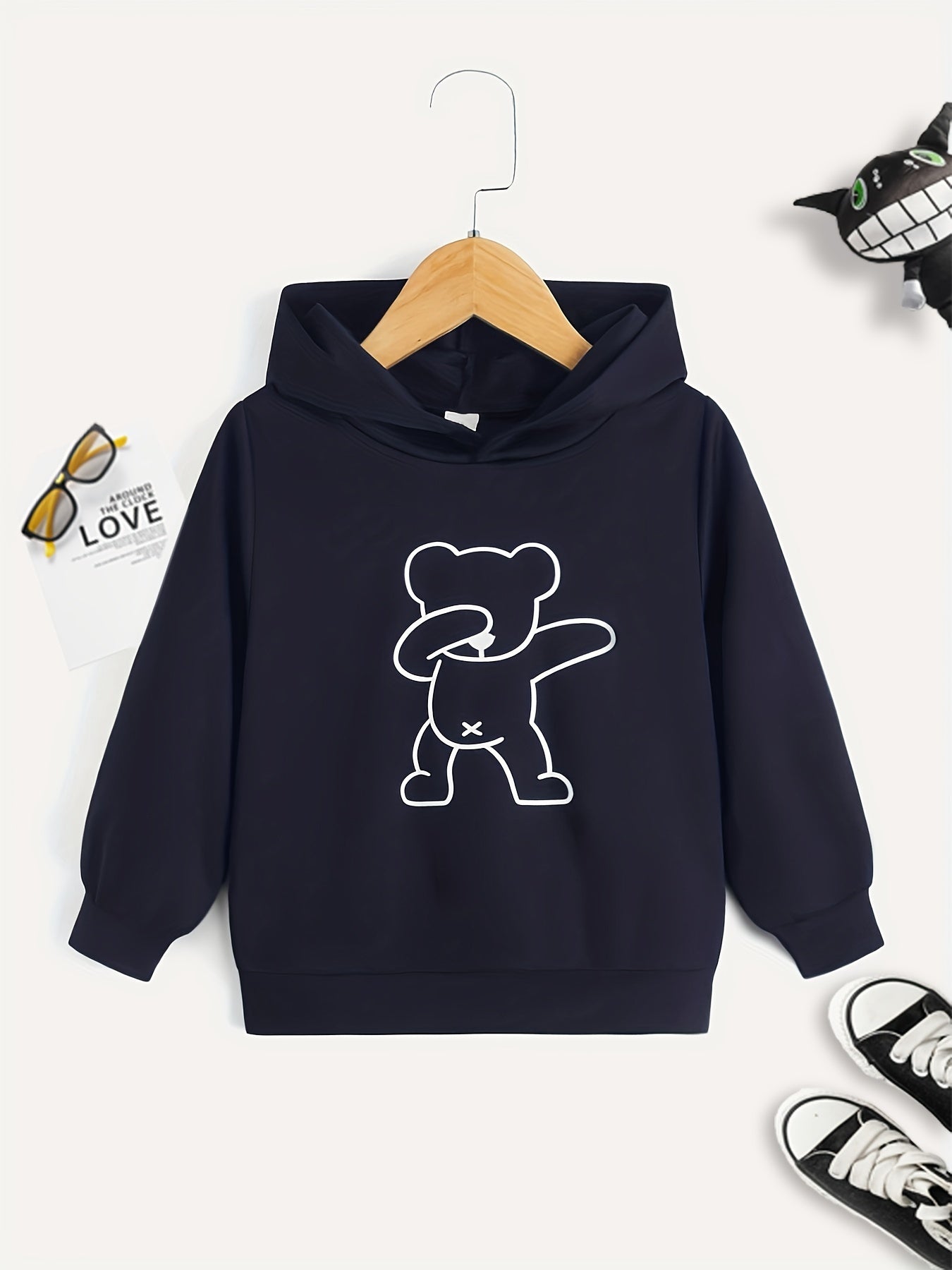 Bear Print Boys Casual Hooded Sweatshirt for Spring Fall