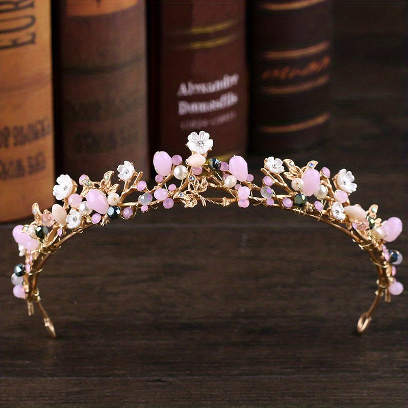 Pink Crystal Crown Princess Headband Pearl Decorative Headwear