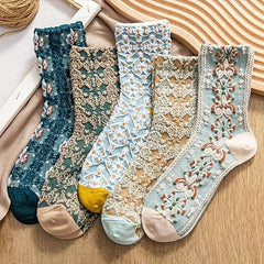 5 Pairs Floral Print Socks Ethnic Style Crew Socks Women's Stockings
