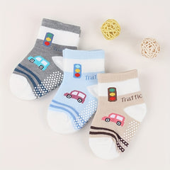 3 Pairs Non-slip Socks for 0-2 Year Old Boys - Little Train & Polka Dot Pattern