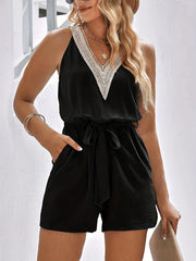 Casual Colorblock Lace V Neck Romper With Pockets & Belt