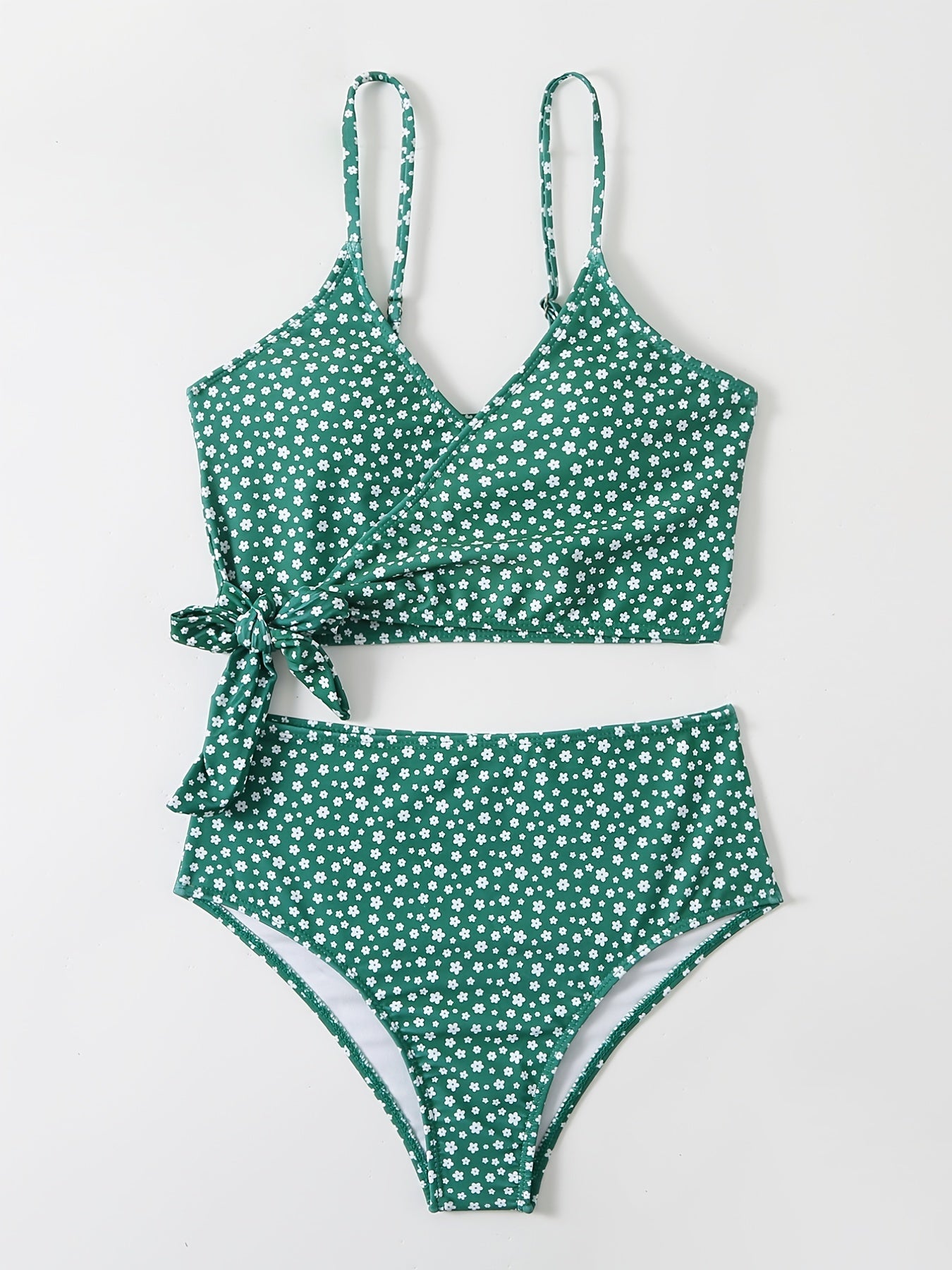 Green Layered Tie Side Bikini Set High Waist High Cut Two Piece Swimsuit