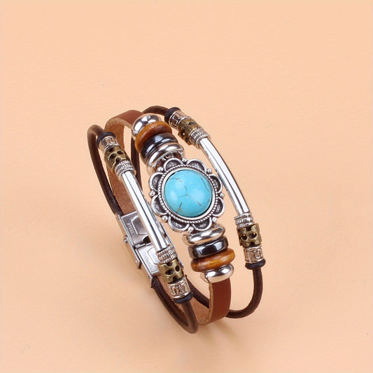 Green Turquoise Beaded Leather Bracelet Stainless Steel Buckle