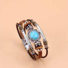 Green Turquoise Beaded Leather Bracelet Stainless Steel Buckle