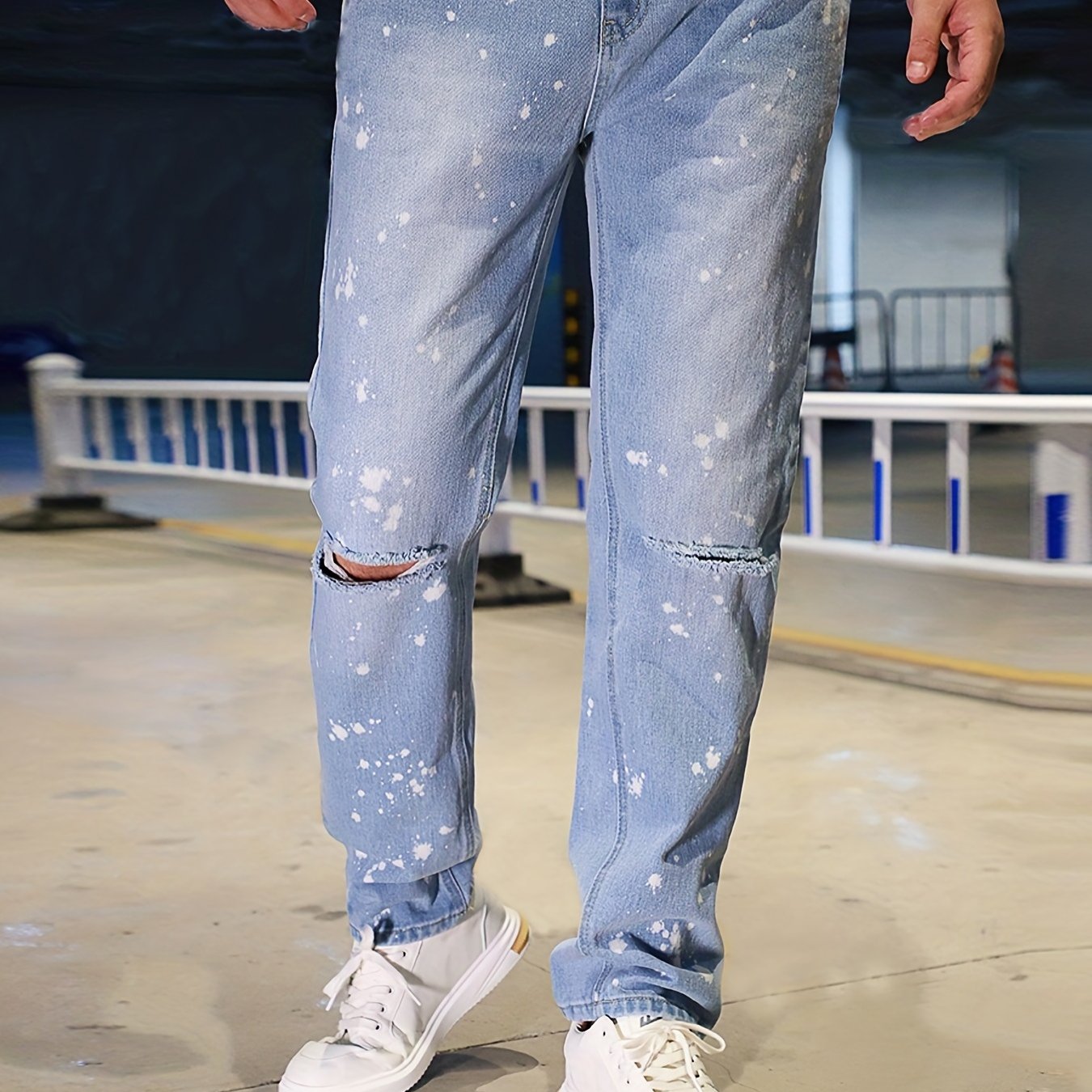 Splatter Pattern Ripped Jeans Men's Casual Street Style Denim Pants