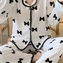 Bowknot Pattern Warm Thermal Pajama Set Women's Sleepwear