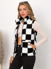 Plaid Zip Up Vest Jacket Casual Pockets Thermal Teddy Vest