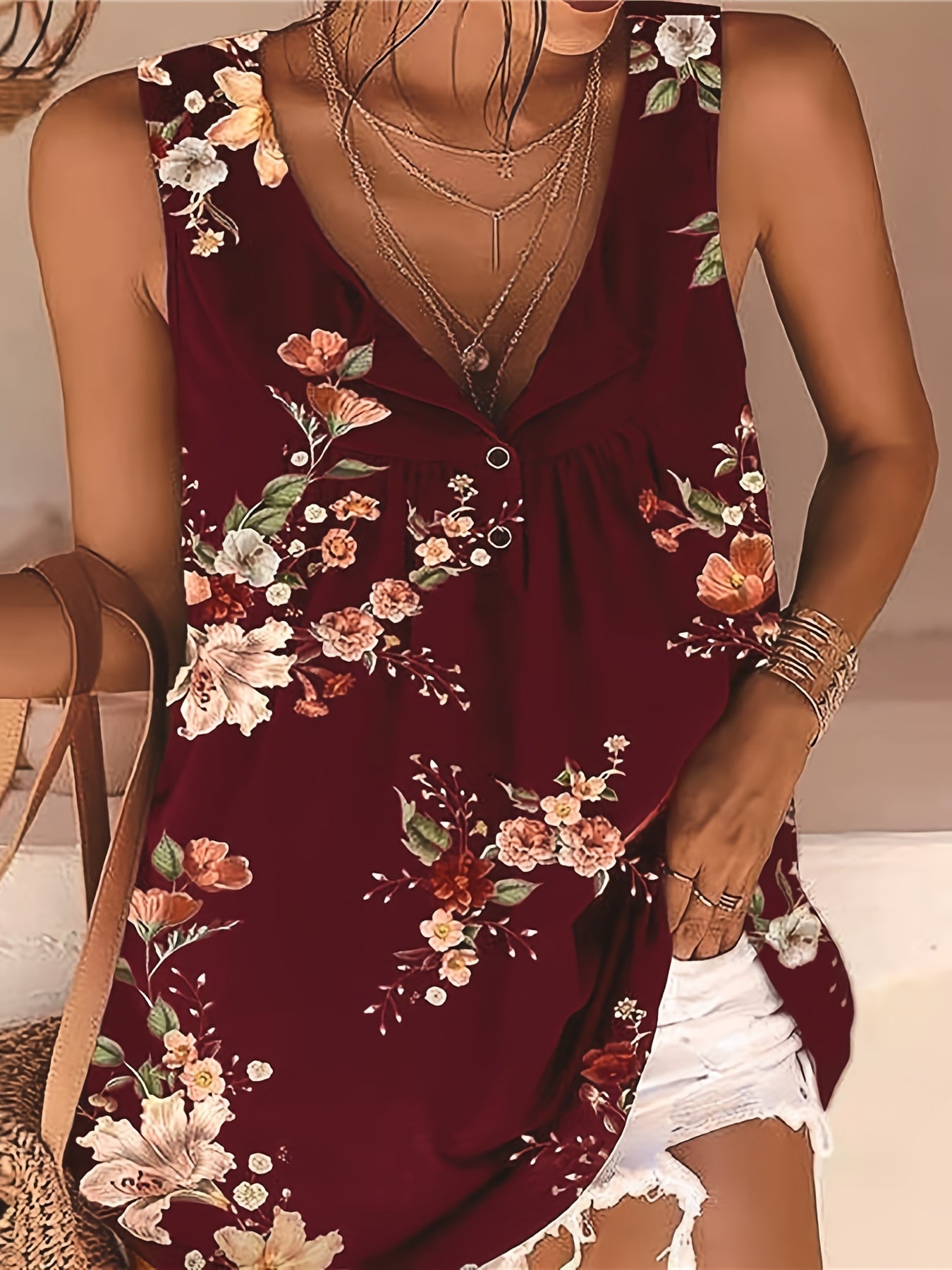 Floral Print Button Tank Top Sleeveless V Neck Tank Top