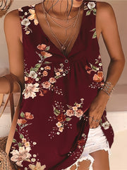 Floral Print Button Tank Top Sleeveless V Neck Tank Top