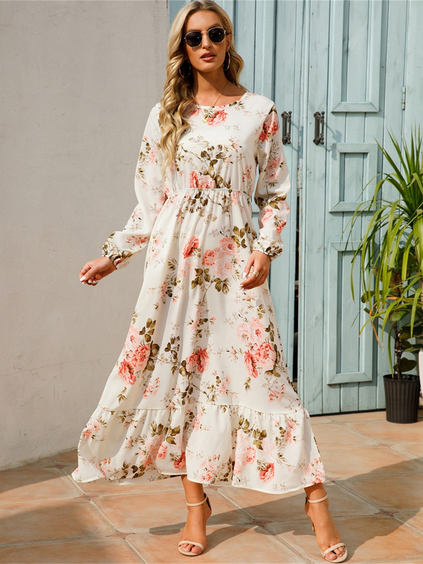 Floral Maxi Dress Long Sleeve Loose Crew Neck Casual Dress