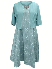 Plus Dot & Stripe Print V Neck Cami Dress & Cardigan Outfit Set