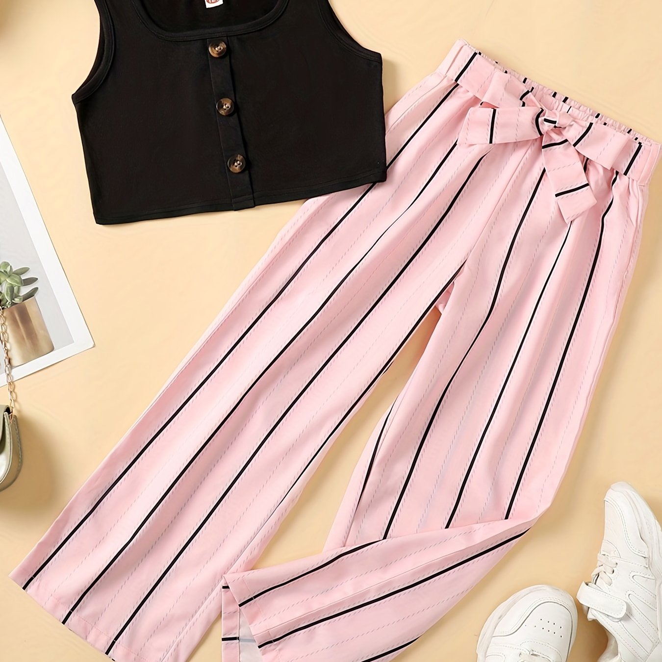 2pcs Toddler Girls Button Front Tank Tops & Vertical Stripes Belted Pants Set