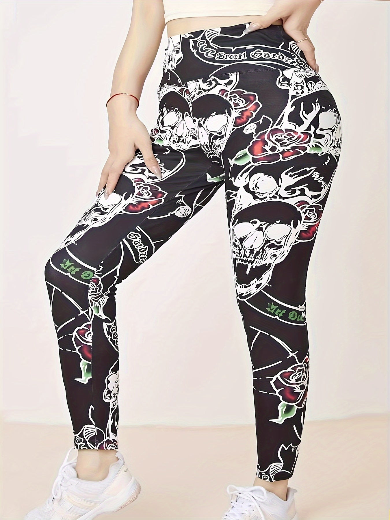 Halloween Sports Leggings Skull & Letter Print High Rise High Stretch