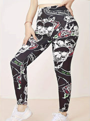 Halloween Sports Leggings Skull & Letter Print High Rise High Stretch
