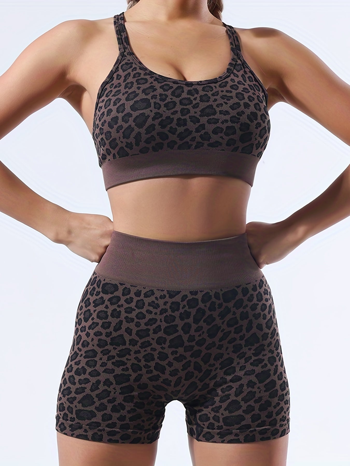 Leopard Print Yoga Set Criss Cross Sports Bra High Waist Shorts Activewear