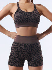 Leopard Print Yoga Set Criss Cross Sports Bra High Waist Shorts Activewear
