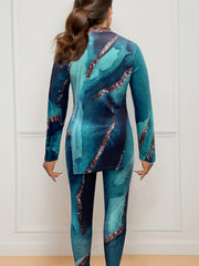 Women's Plus Marble Print One Shoulder High Neck Top & Leggings Set