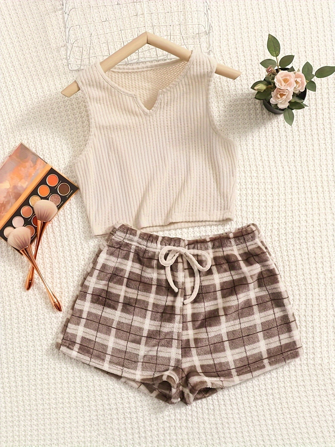 Preppy Pajamas Set Tank Top & Tie Front Shorts Home Wear 2pc Set