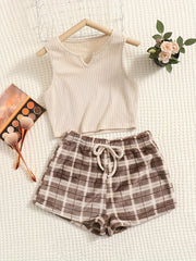Preppy Pajamas Set Tank Top & Tie Front Shorts Home Wear 2pc Set