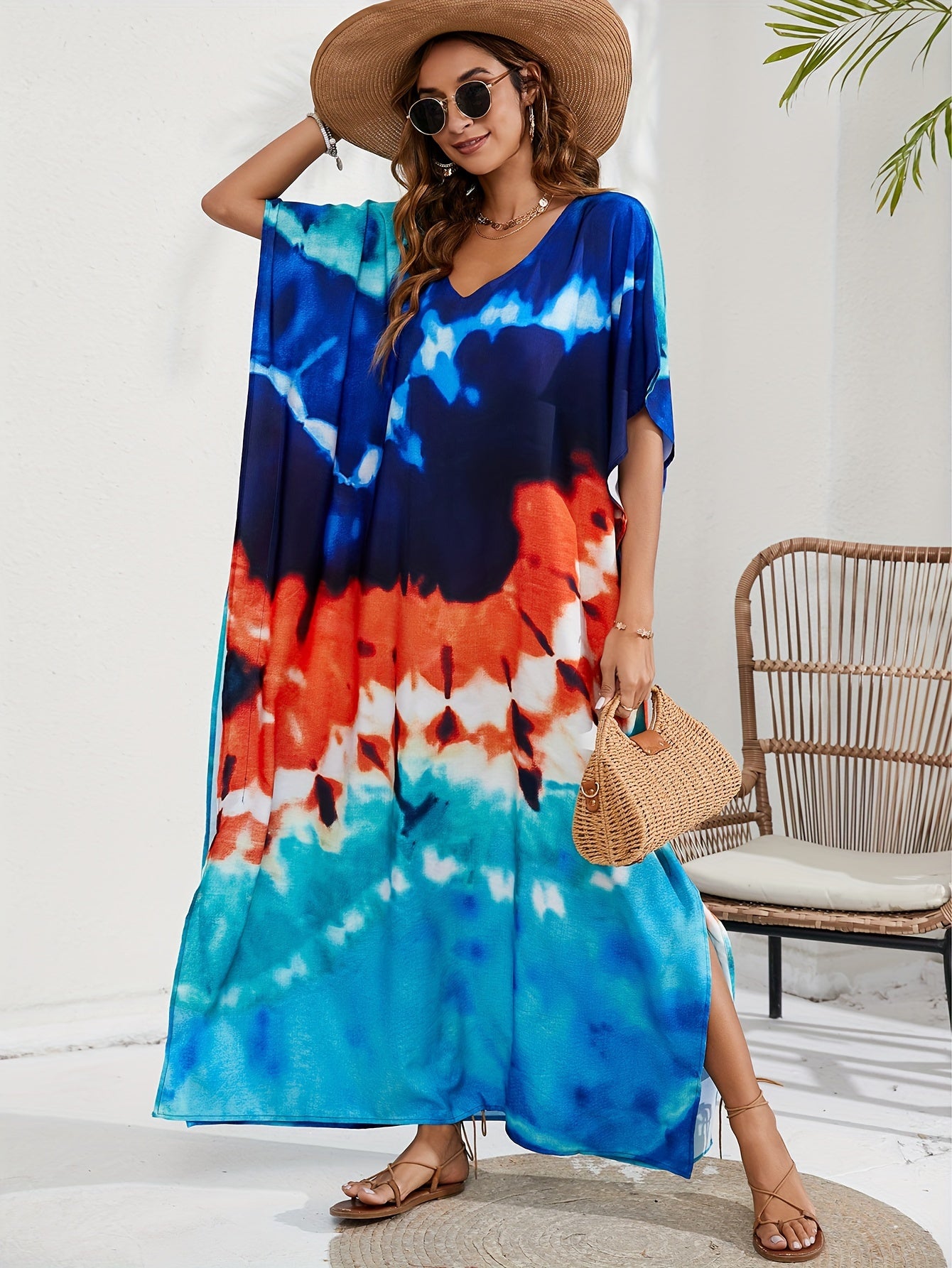 Tie Dye Batwing Sleeve Beach Cover Up Dress