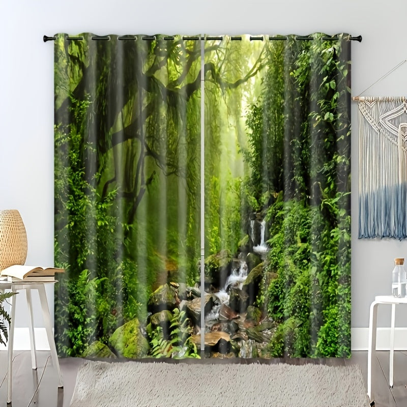 2pcs Forest Stream Printed Window Curtain