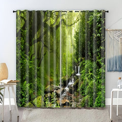 2pcs Forest Stream Printed Window Curtain