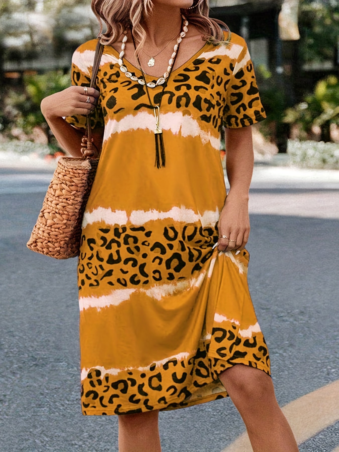 Tie Dye Leopard Print V Neck Dress