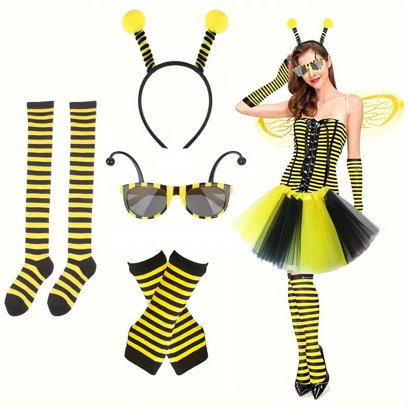 Women's Bee Game Costume Headband Glasses Sleeves Stockings Skirt for Halloween