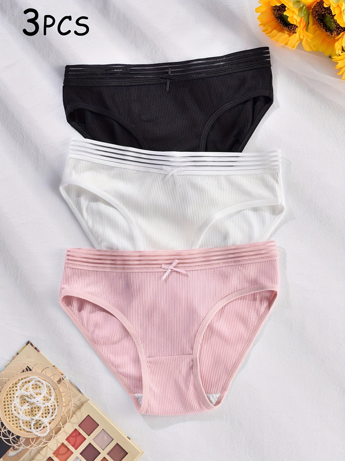 3pcs Contrast Mesh Briefs Soft & Comfy Stretchy Intimates Panties