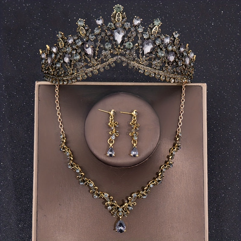 Baroque Crystal Crown Tiara Necklace Earrings Set For Women