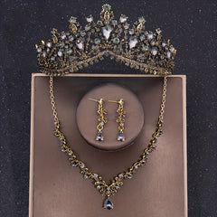Baroque Crystal Crown Tiara Necklace Earrings Set For Women