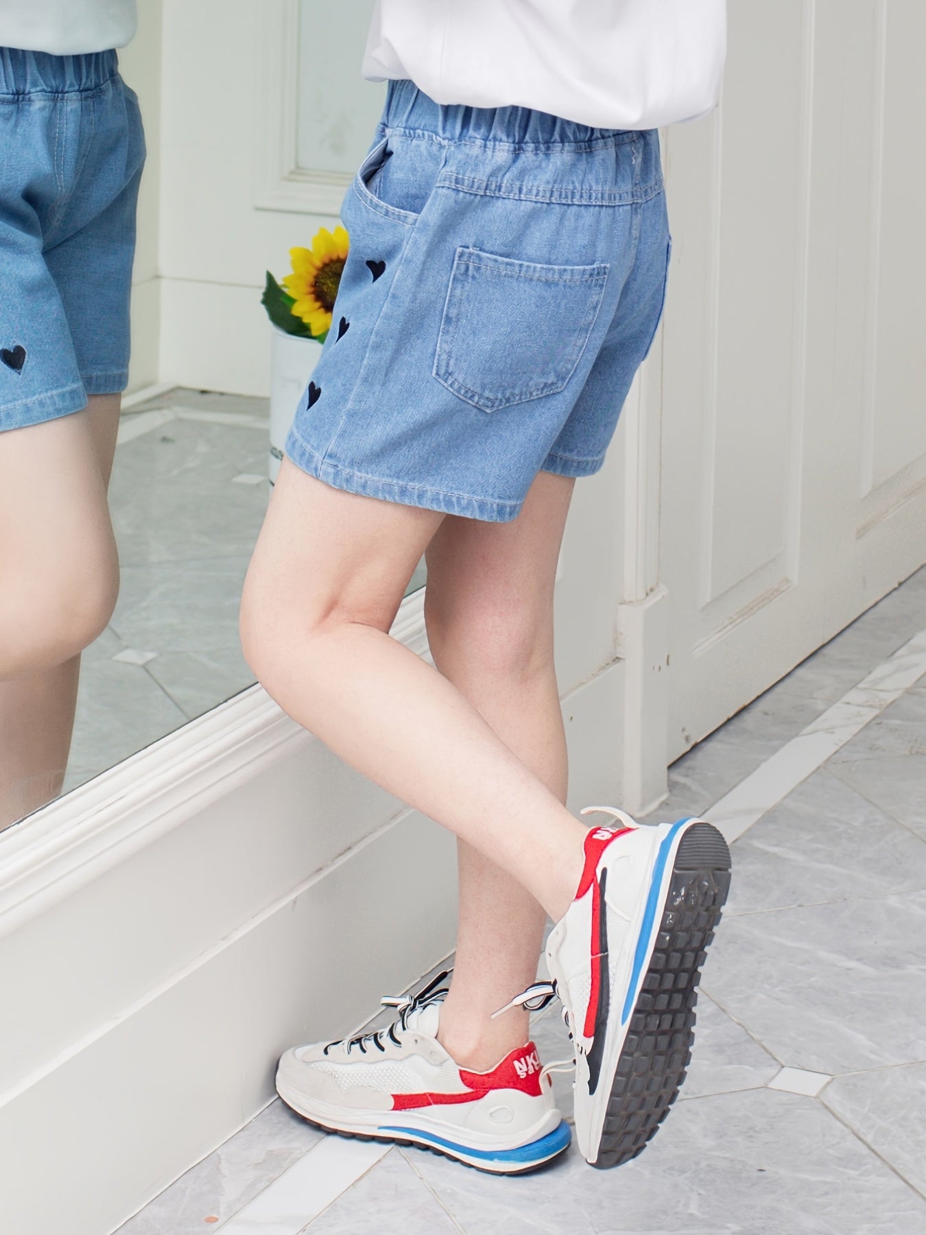Girls Heart Embroidered Denim Shorts Set for Summer