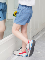 Girls Heart Embroidered Denim Shorts Set for Summer