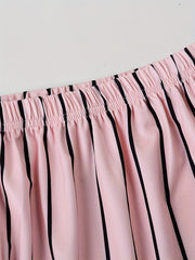 Casual Pajamas Set Cat & Letter Print Top & Striped Shorts