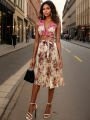 Vintage Floral Print Skirts Pleated Tie Waist Daily Skirts Women's Clothing