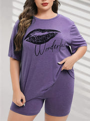 Kiss & Letter Print Tee & Biker Shorts Pajama Set