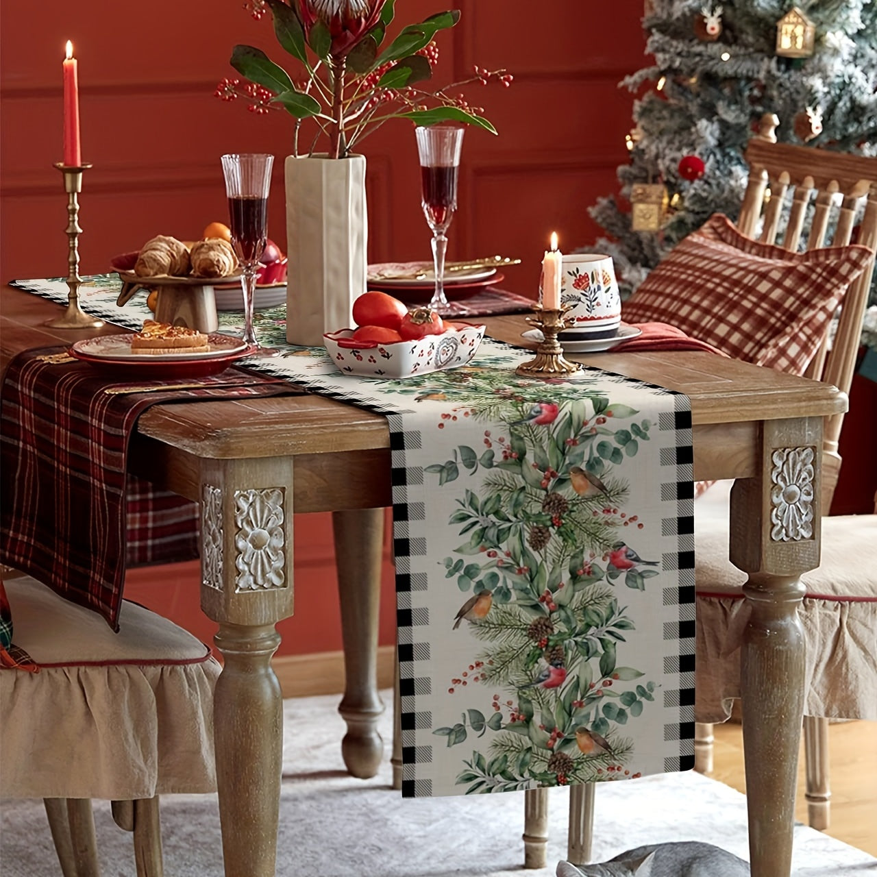 Christmas Bird Winter Eucalyptus Plaid Linen Table Runner 33.02x18