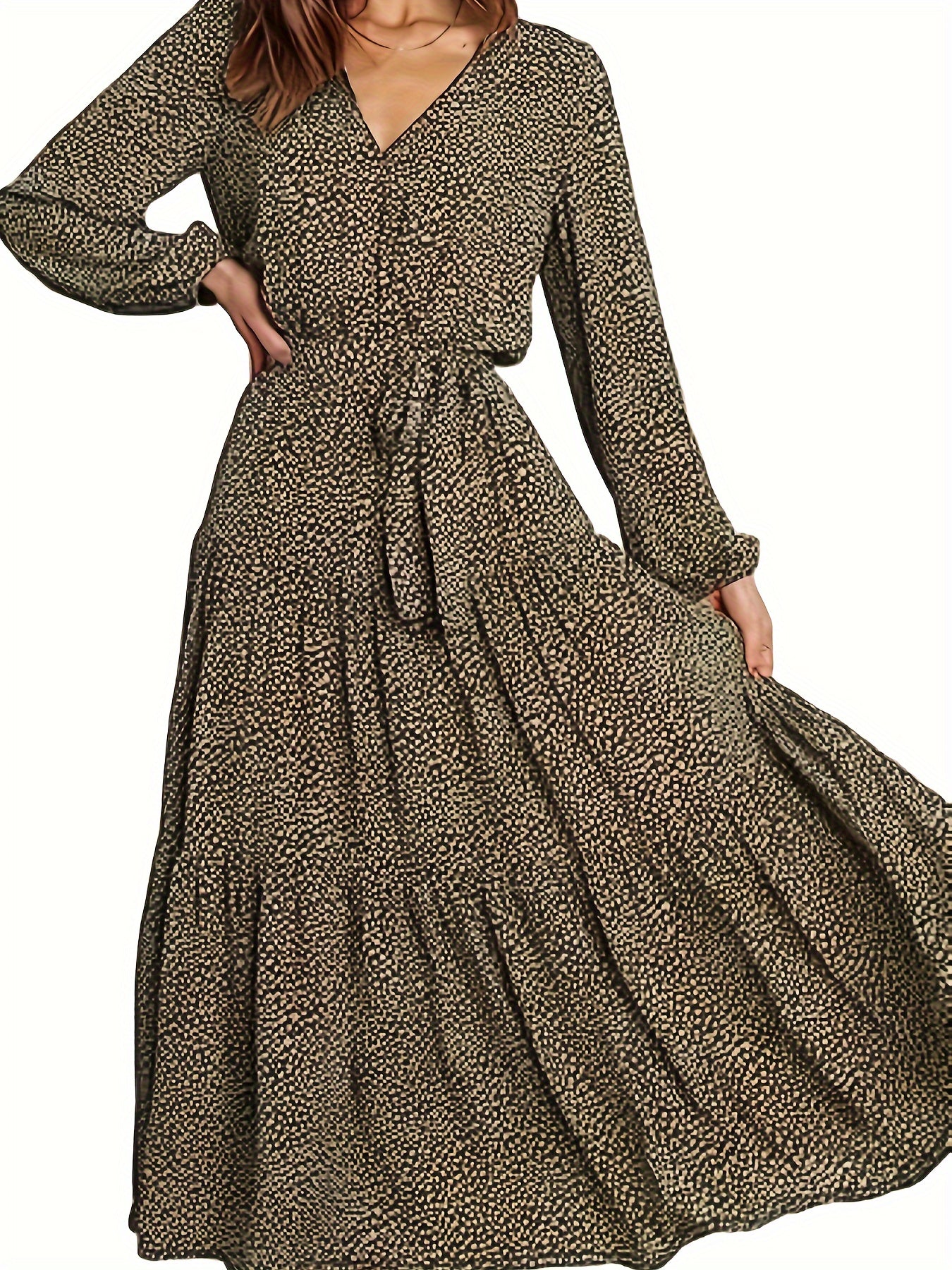 Plus Dot Print Lantern Sleeve V Neck Maxi Smock Dress With Belt