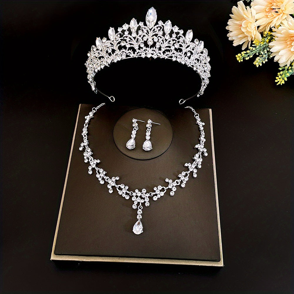 3pcs Bridal Crown Necklace Earrings Set Wedding Accessories