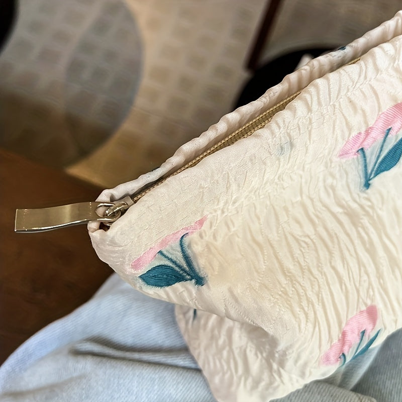 Flower Pattern Ruched Cosmetic Bag Portable Travel Makeup Bag