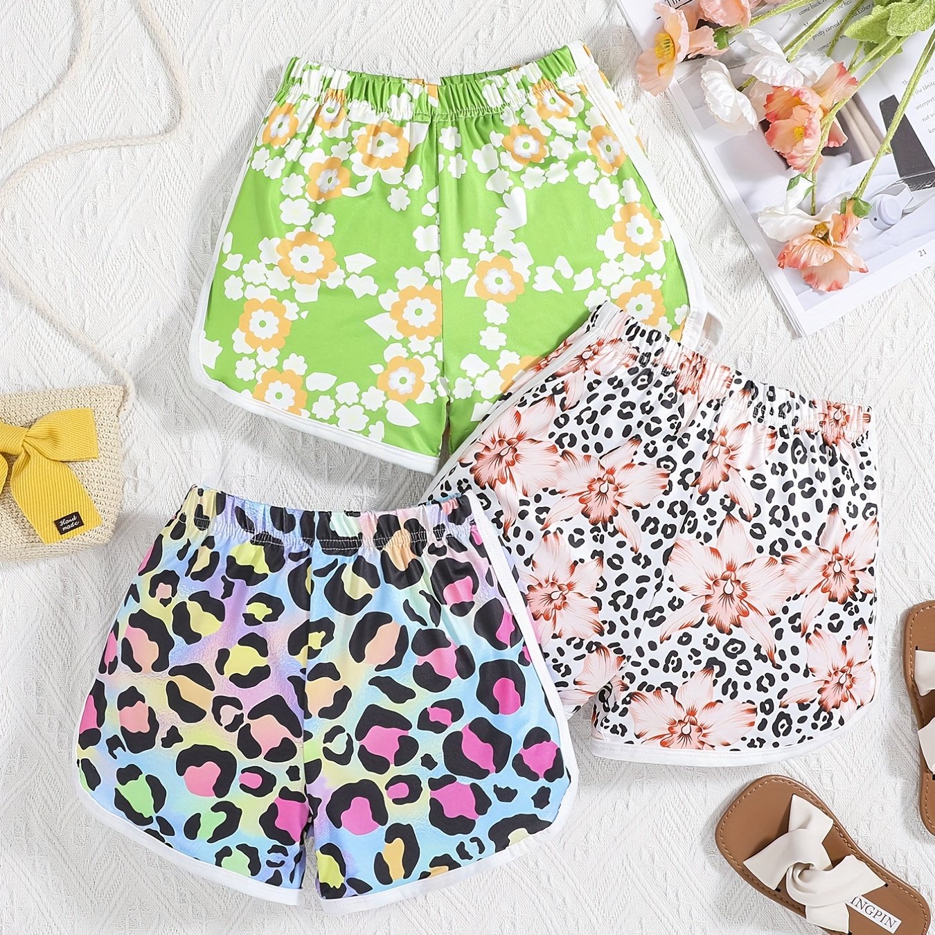 3pcs Toddler Girls Casual Shorts Set Leopard Print Floral Cow Flowers