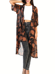 Sun & Moon Print Batwing Loose Cover Up Soft Chiffon Kimono