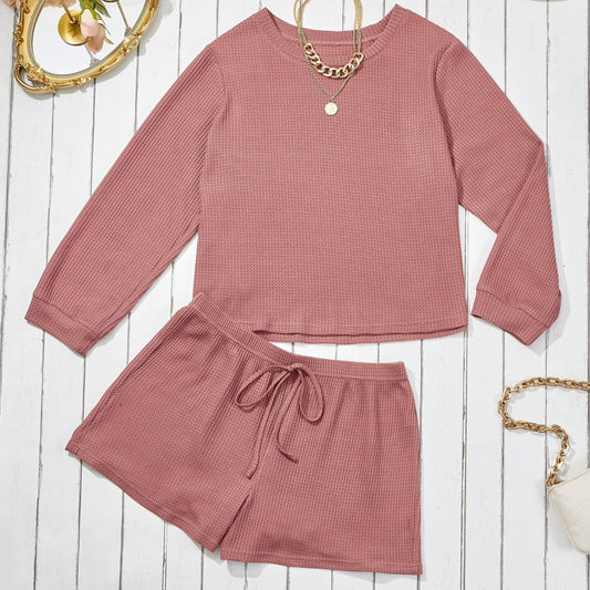Waffle Pattern Long Sleeve Top & Shorts 2 Piece Set
