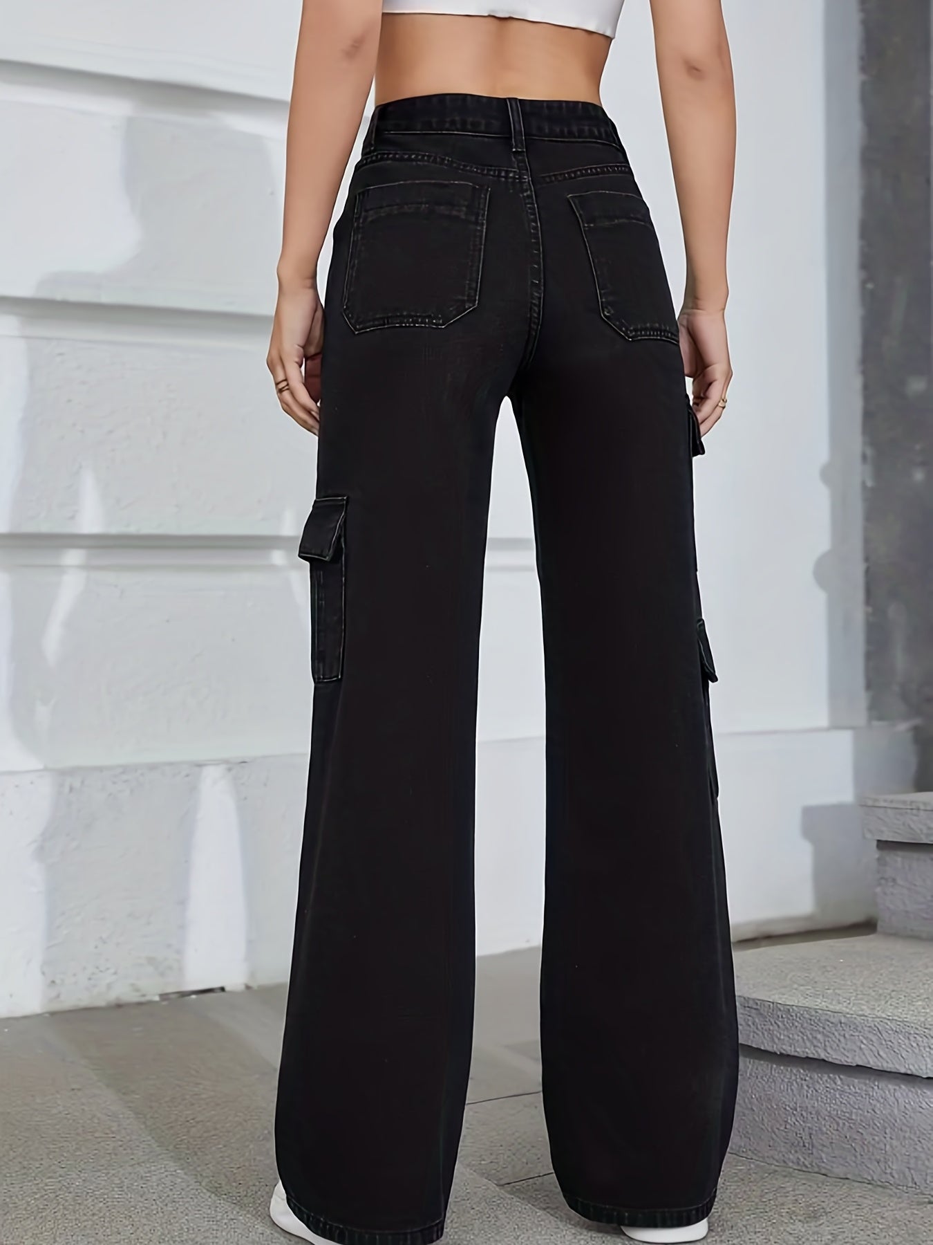 High Rise Solid Loose Denim Cargo Pants