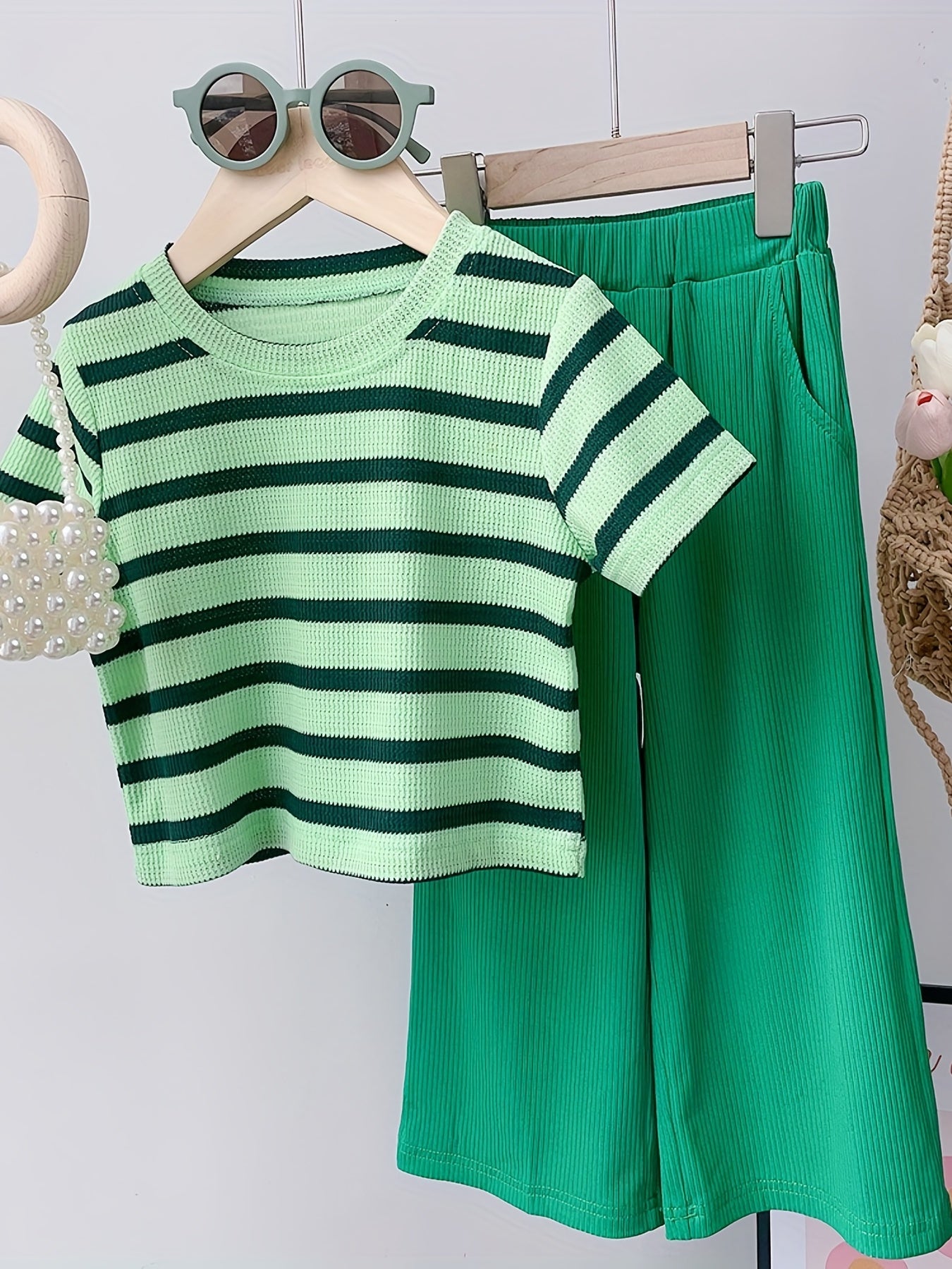 Toddler Girl's Cable Knit 2pcs Stripe Pattern T shirt & Ribbed Pants Set